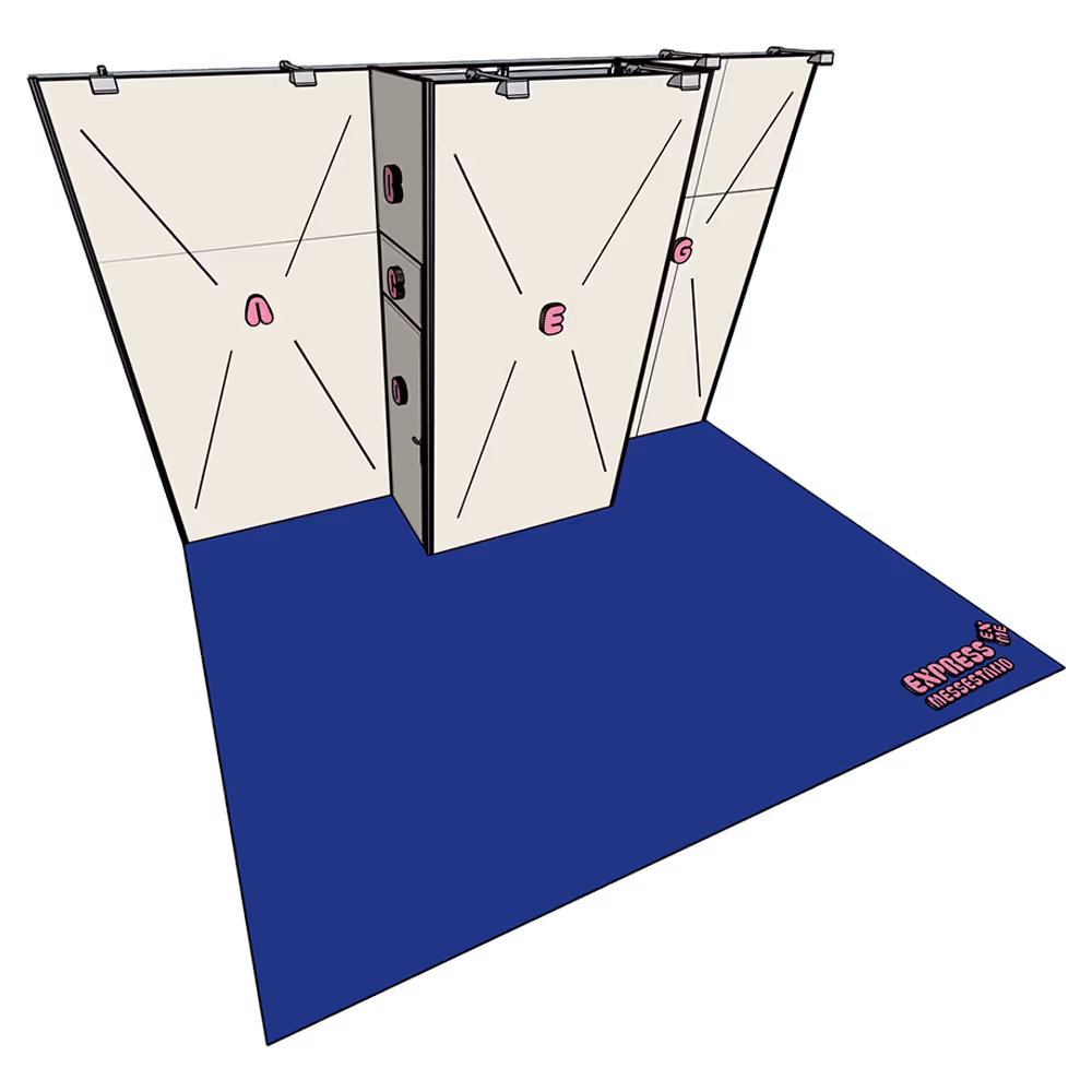 3D-Modell eines Kopfstand-Messestands mit weißen und grauen Wänden und blauem Boden, beschriftet mit „EXPRESS MESSESTAND“ in der Ecke.