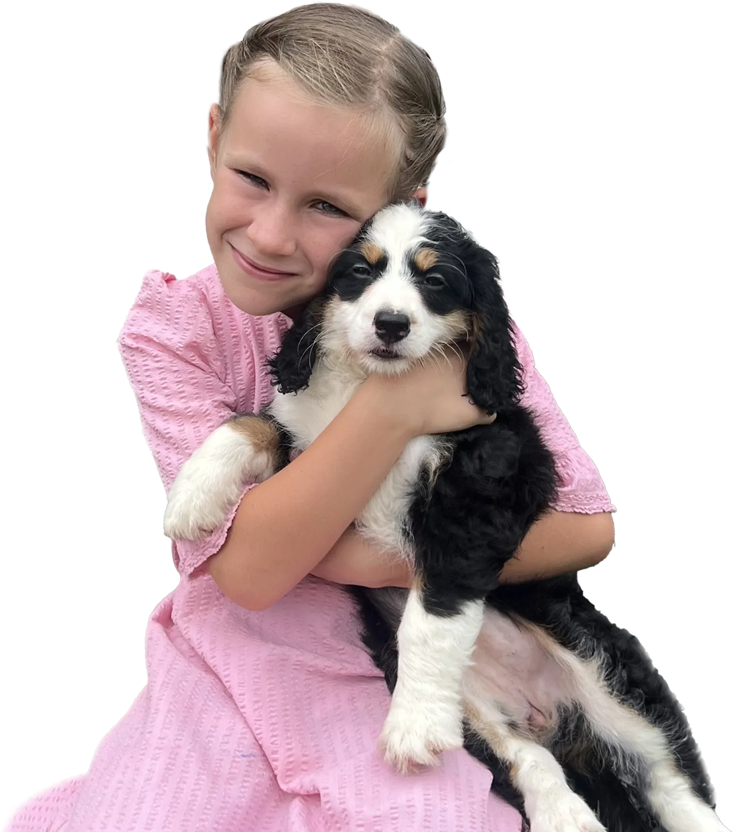 A young girl in a pink dress hugs a black, white, and brown puppy while smiling at the camera.