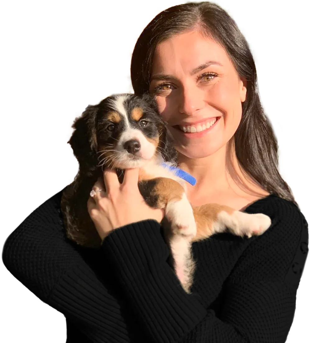 Smiling lady holding their young f1 mini bernedoodle puppy with a blue collar