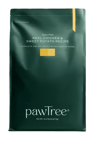A green bag of pawTree Grain Free Real Chicken &amp; Sweet Potato Recipe dog food, net weight 10.3 lbs.