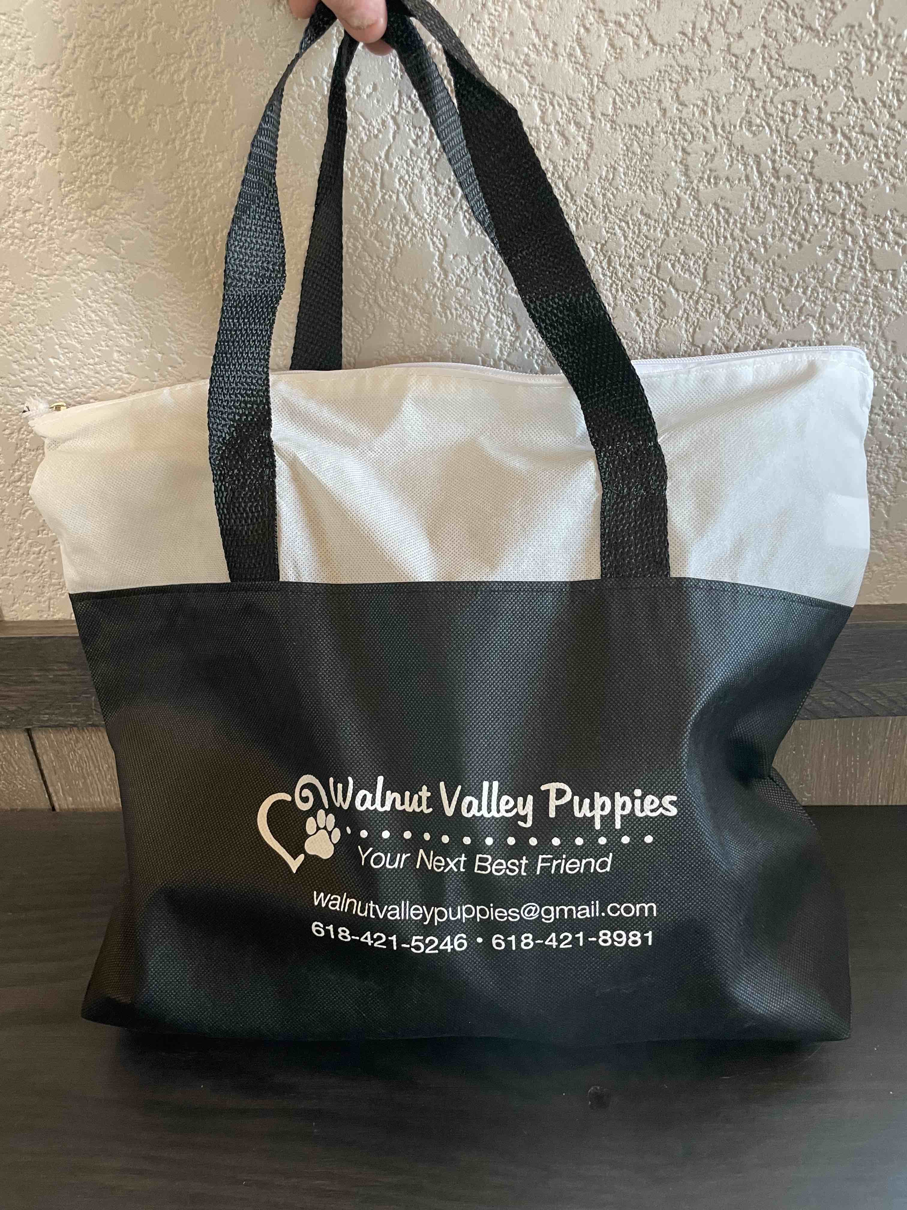 Walnut Valley Puppies go home bag for Bernedoodle Puppies