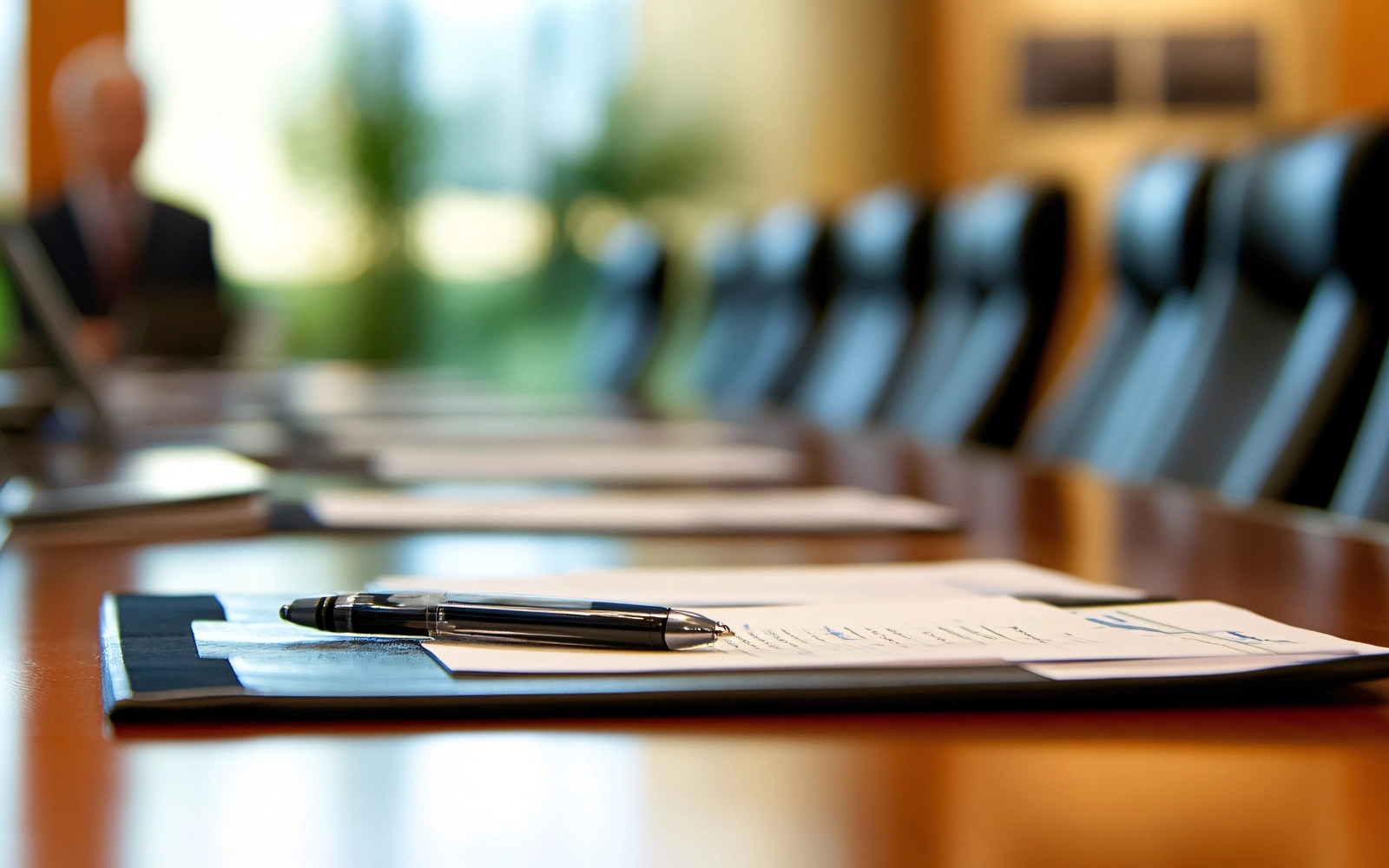 Image of a board room with a tablet of paper and pen in the foreground