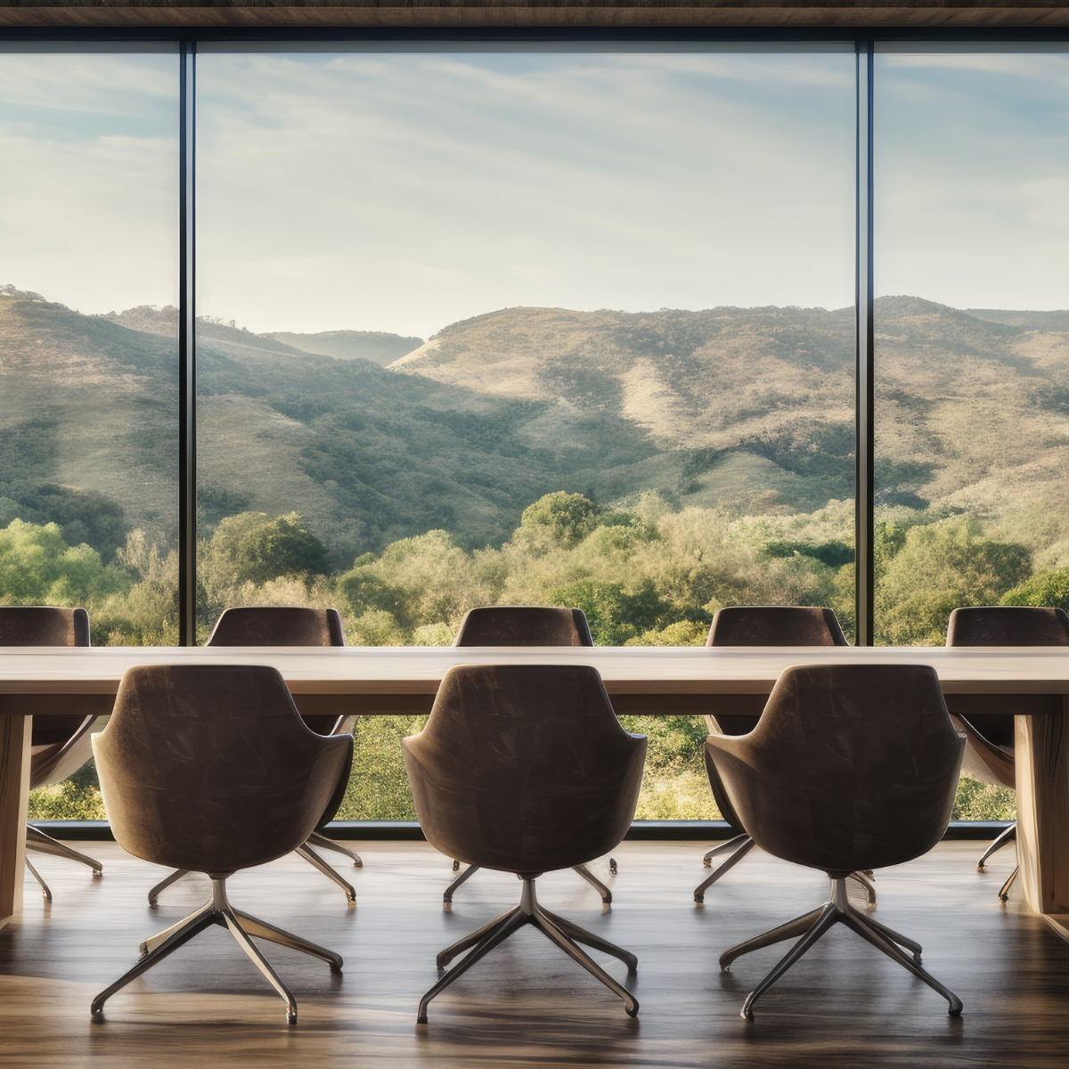 Image of a boardroom with mountain backgroun