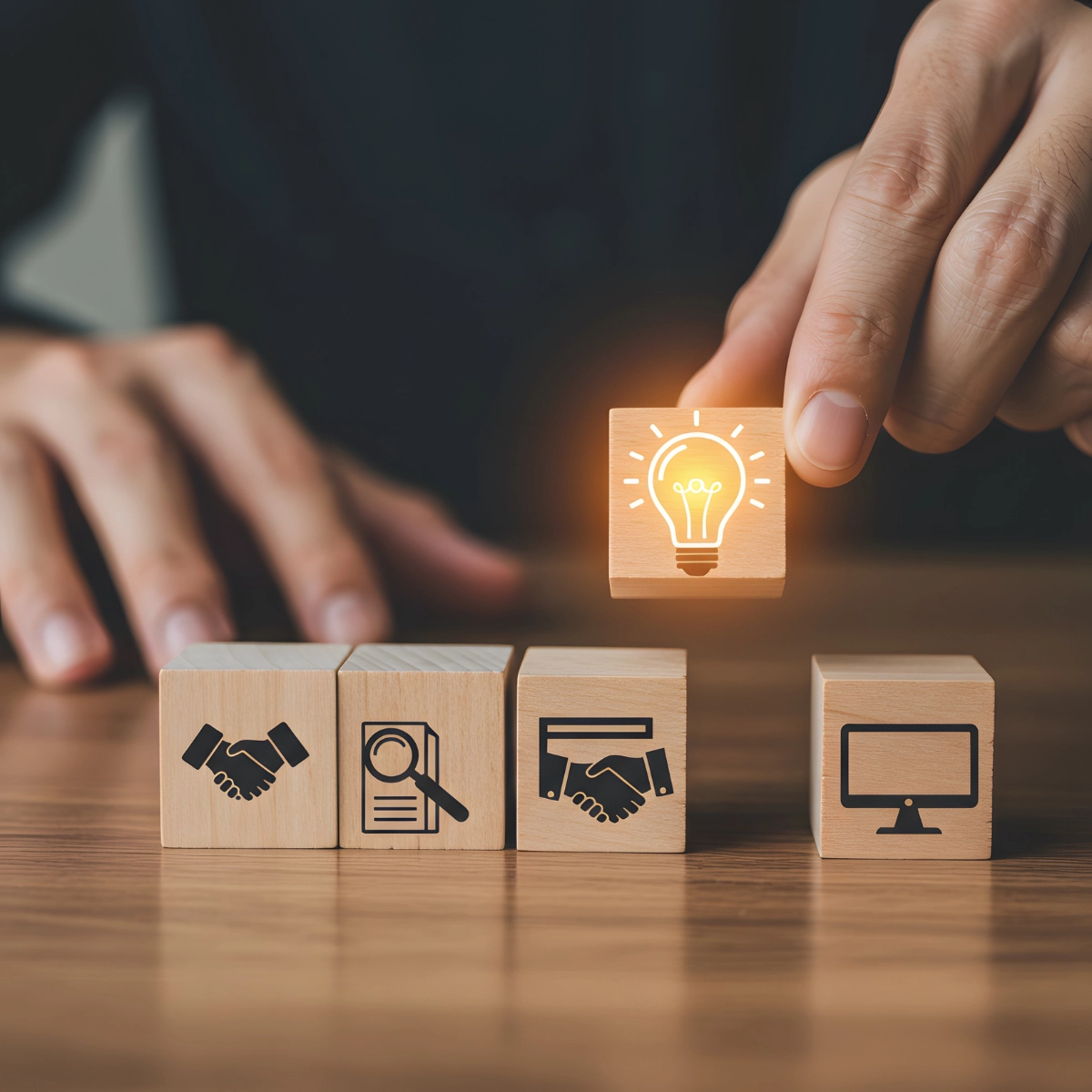 Image of blocks with a good idea illustrated by a lit lightbulb