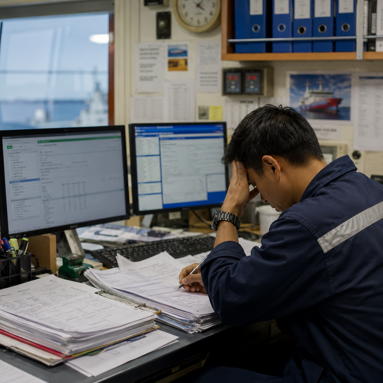 Man in navy work uniform reviewing documents at desk with two computer monitors in an office.