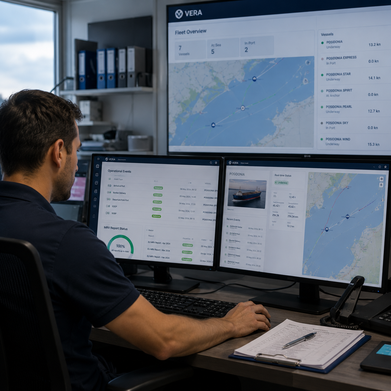 Man monitoring vessel positions and operational events on three screens in a control room.