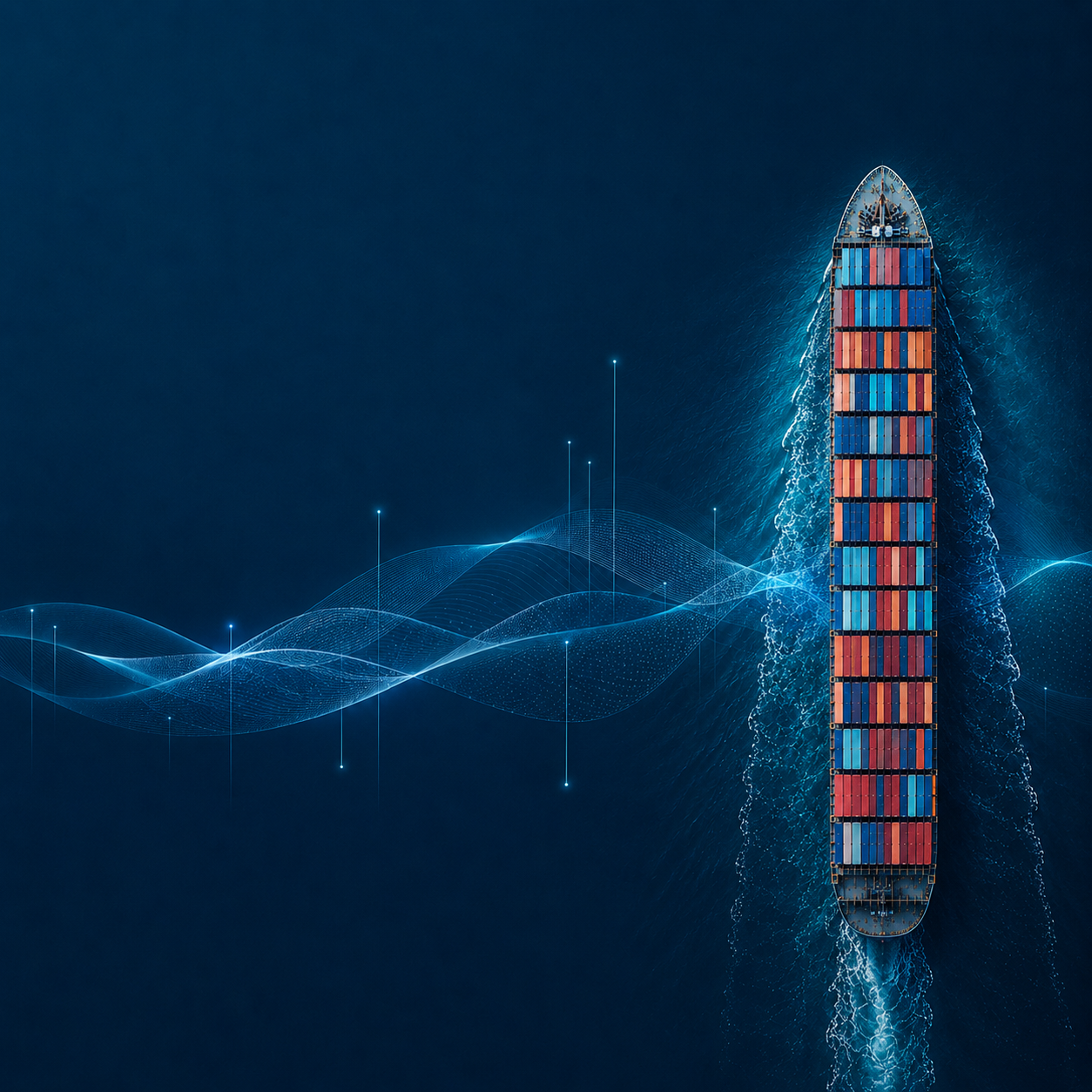 Top view of a container ship sailing through dark blue sea with abstract data wave overlay.