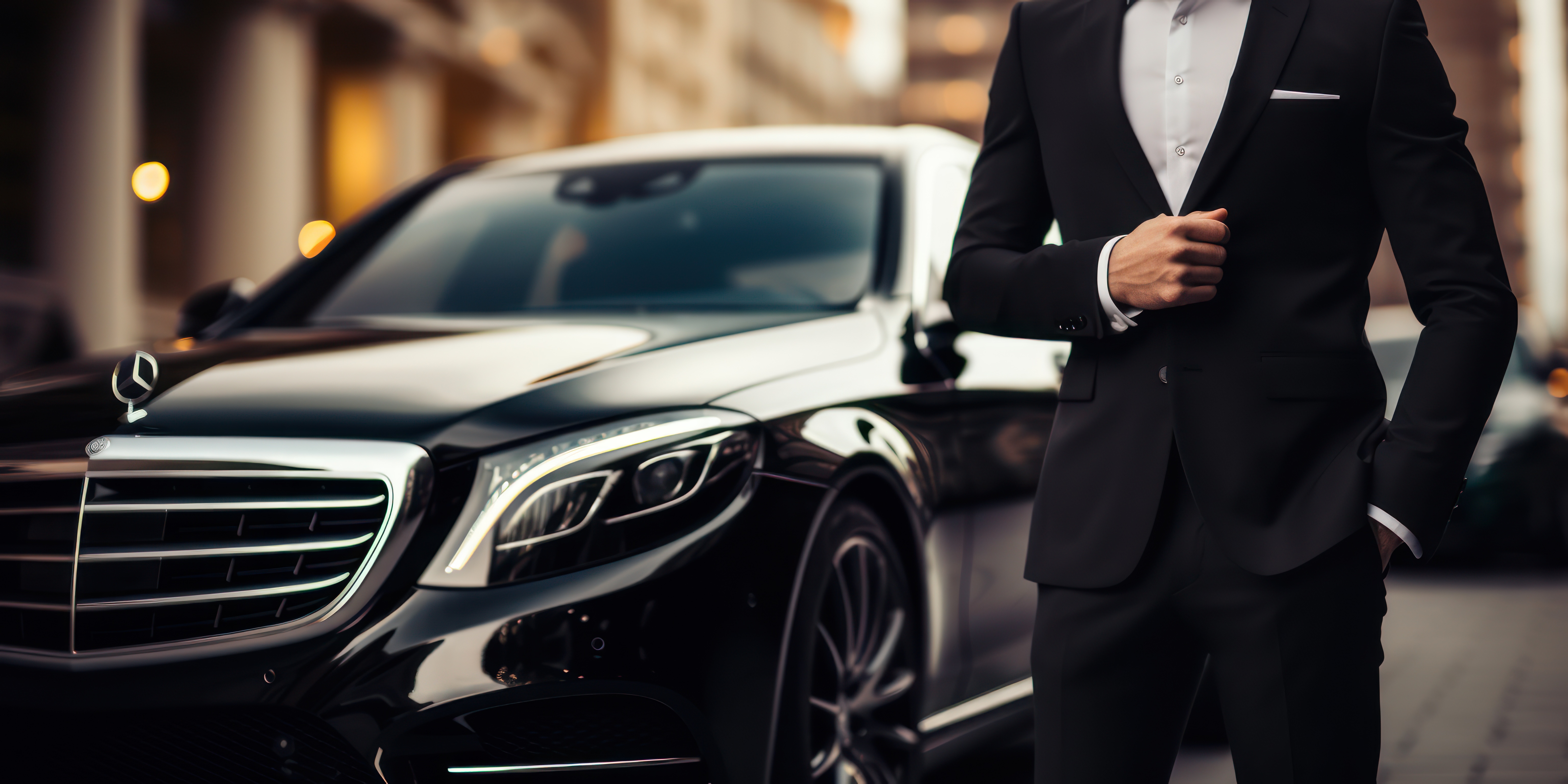 Picture of an elegant chauffeur and the car in the background