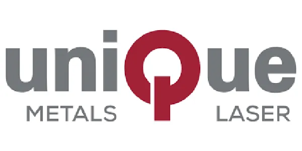 Logo with text 'unique' in gray, featuring a red stylized letter Q, and words 'METALS' and 'LASER' below in gray.