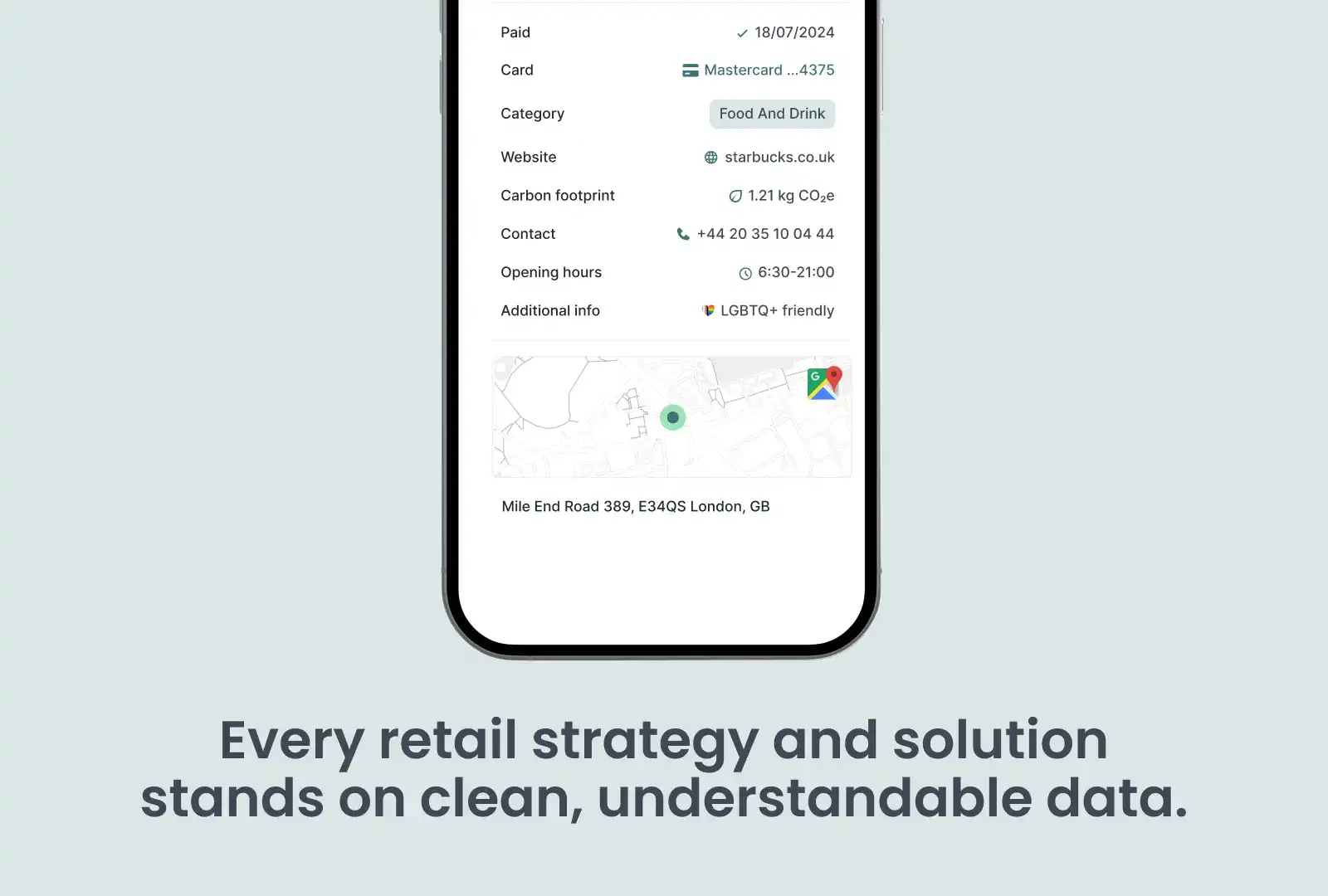 A phone mockup showing solution with clean understandable data for retail media solutions