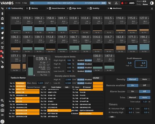 Ship tank levels and volume alarm limits dashboard showing percentage, volume, and density controls.