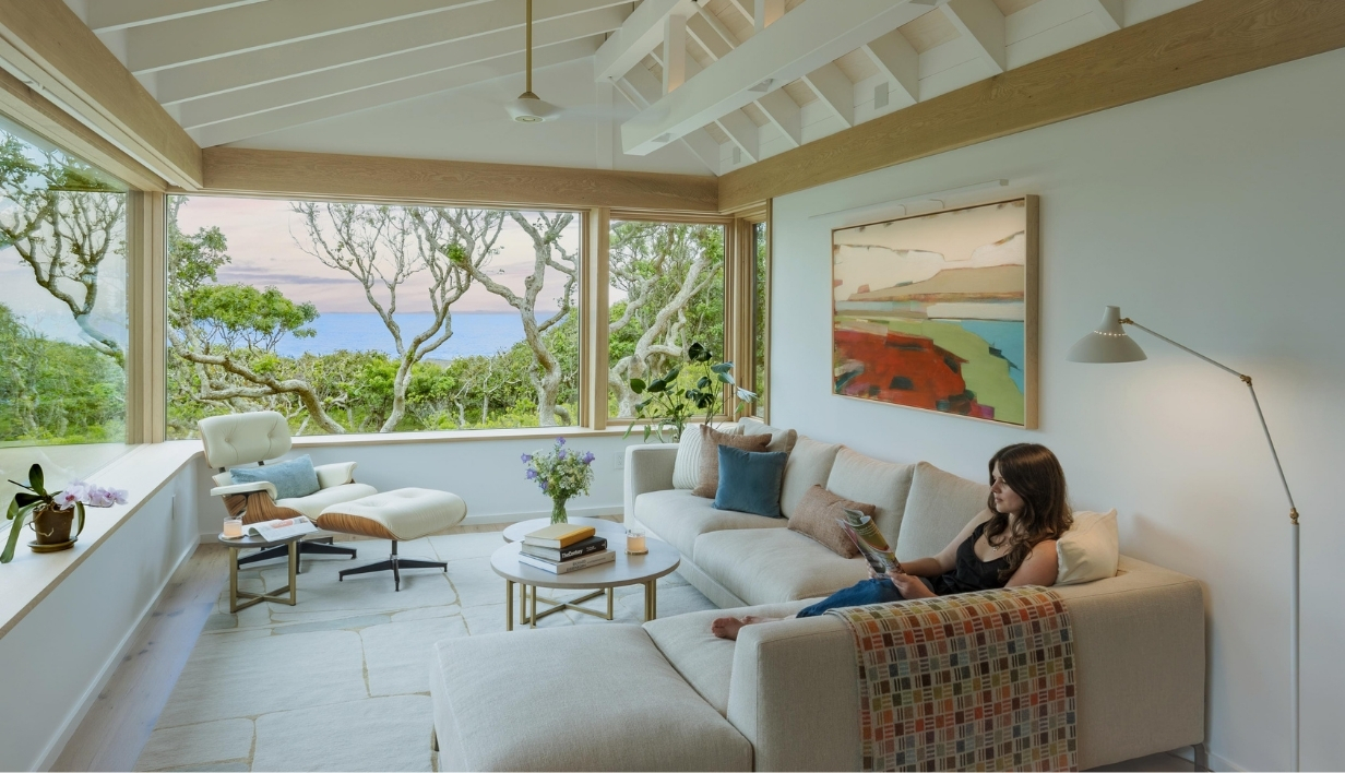 Contemporary living room with seated woman overlooking the water.