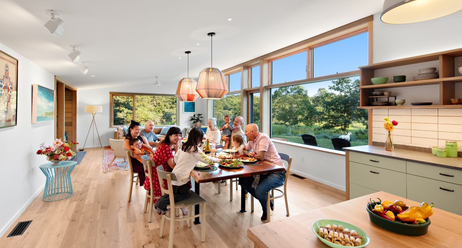 Spacious contemporary kitchen with bar overlooking the pool