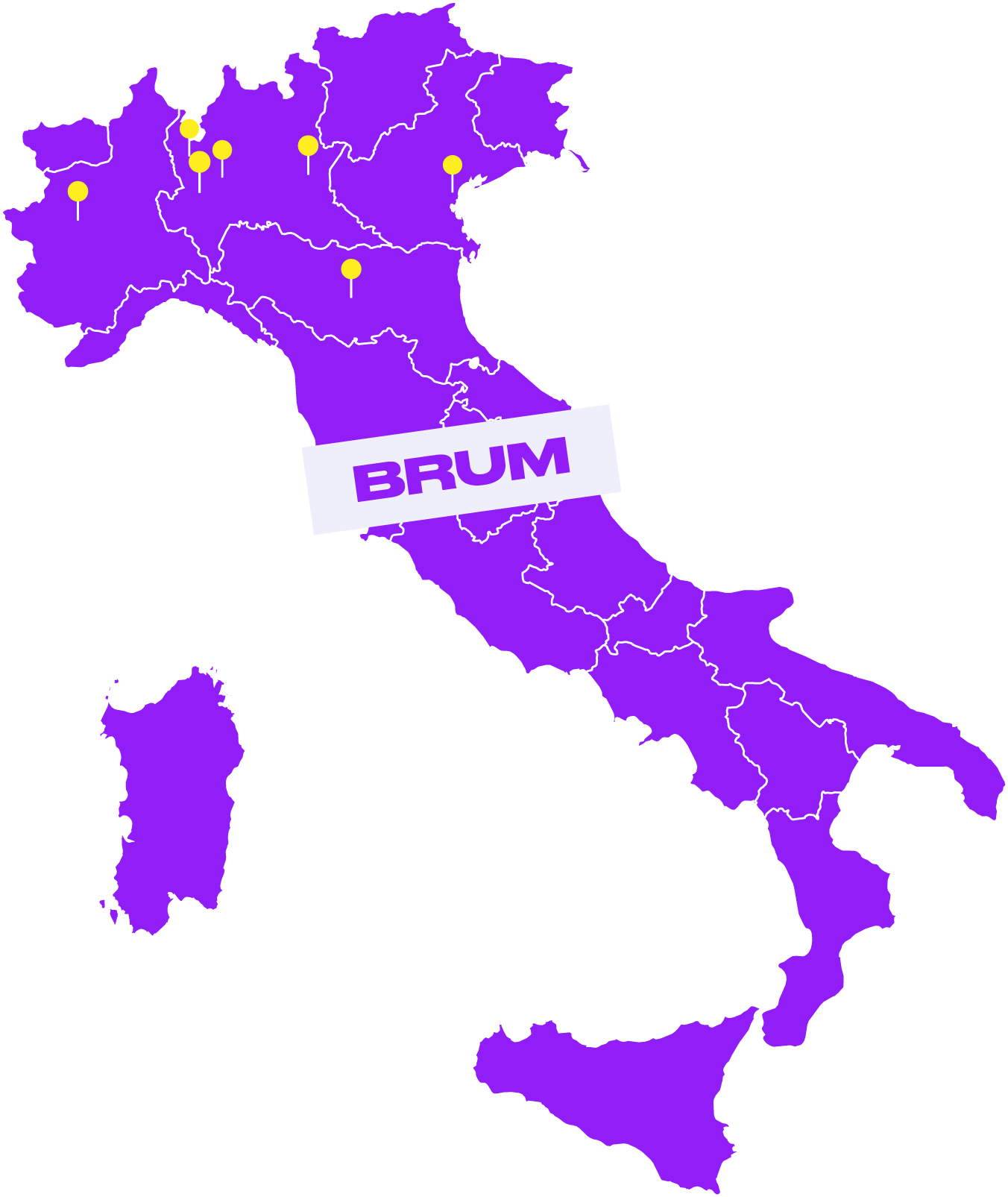 Mappa stilizzata dell'Italia viola con pin gialli delle città BRUM