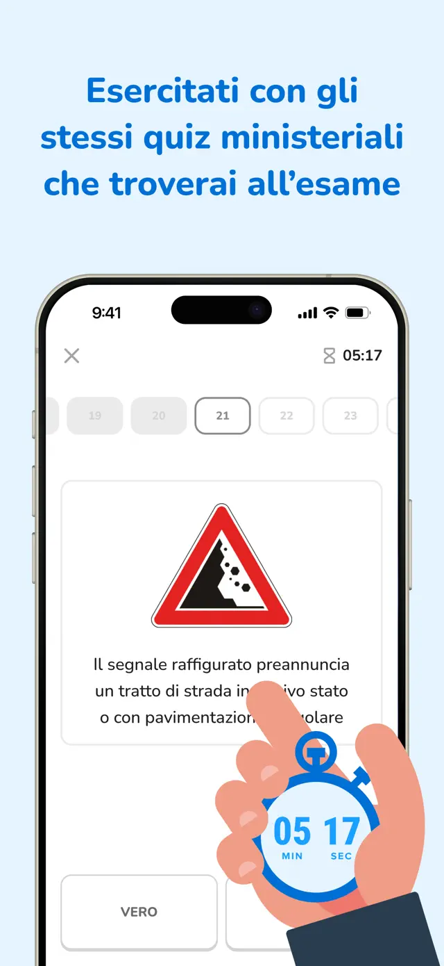 Schermata App BRUM: esercitati con gli stessi quiz ministeriali che troverai all'esame di teoria