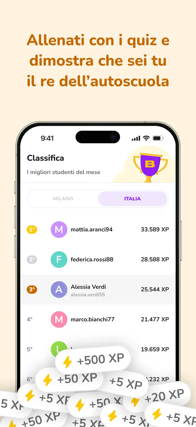 Schermata App BRUM: classifica degli studenti del mese e punti XP guadagnati con i quiz