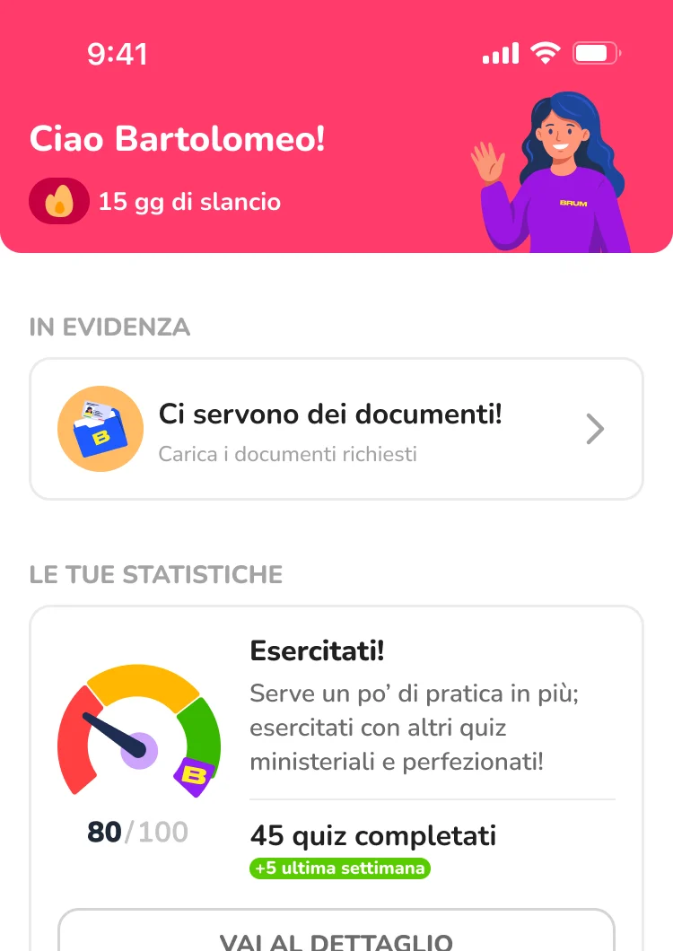 App BRUM: home con i documenti da caricare per la patente