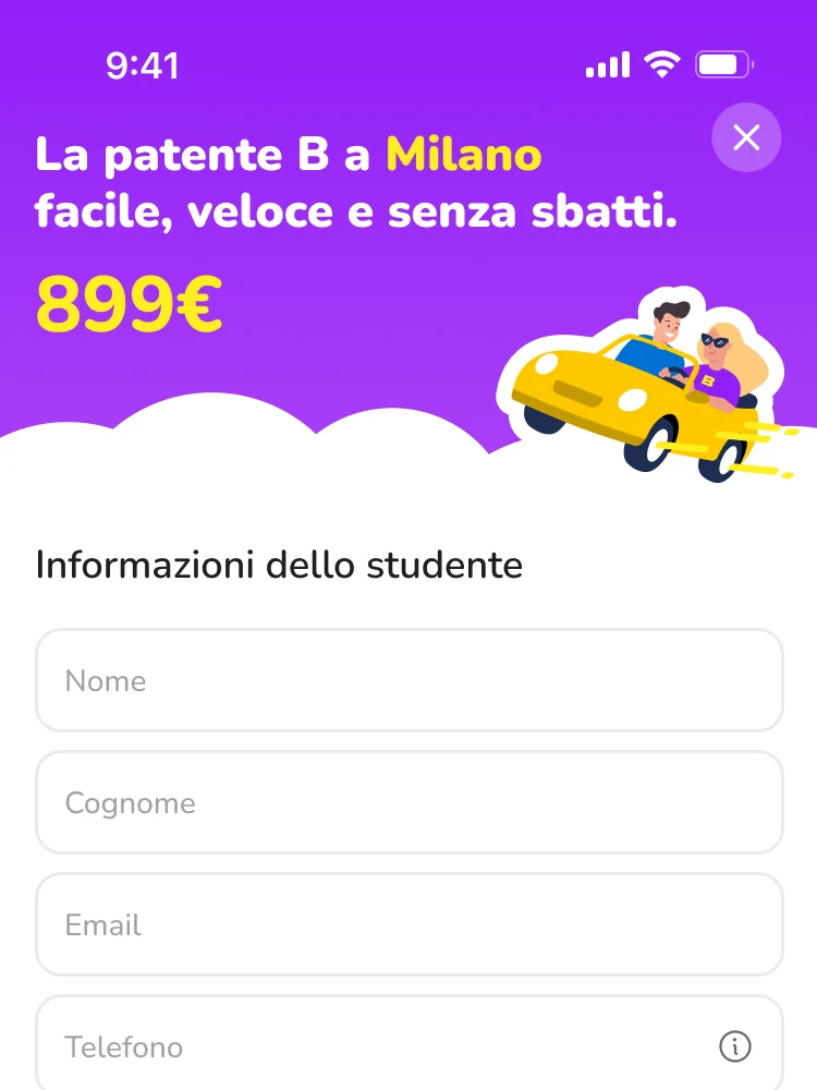 Iscrizione online alla patente B con BRUM: prezzo della citta e dati dello studente nell'app