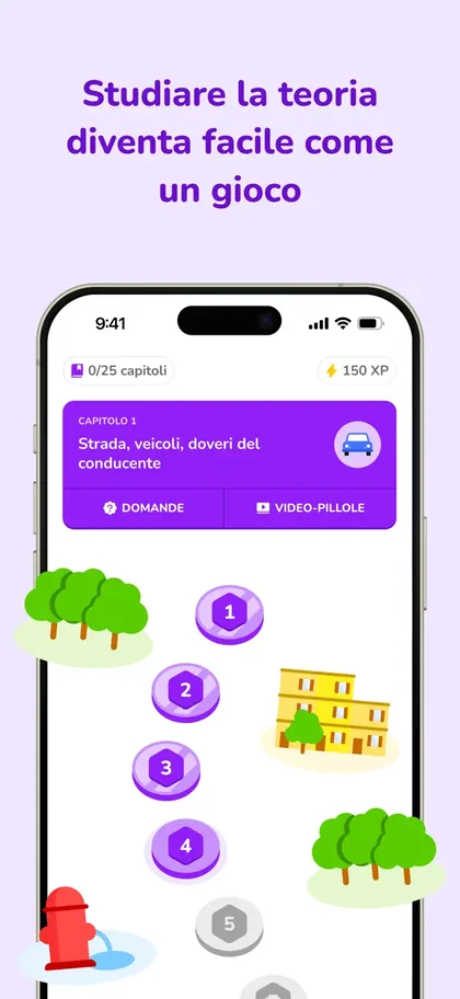 Schermata App BRUM: percorso a capitoli per studiare la teoria della patente come un gioco
