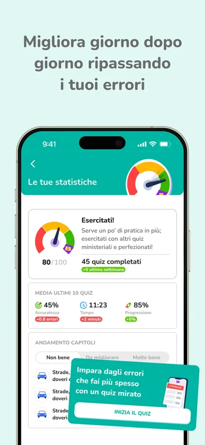 Schermata App BRUM: statistiche dei quiz e ripasso degli errori più frequenti