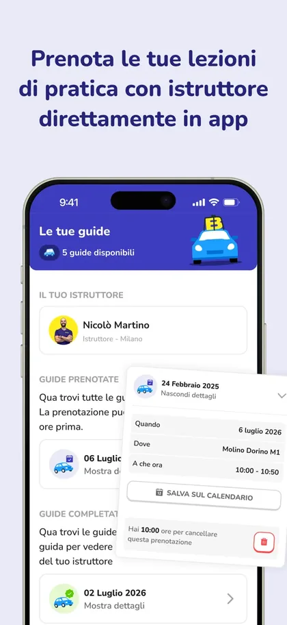 Schermata App BRUM: prenota le lezioni di guida con il tuo istruttore direttamente dall'app