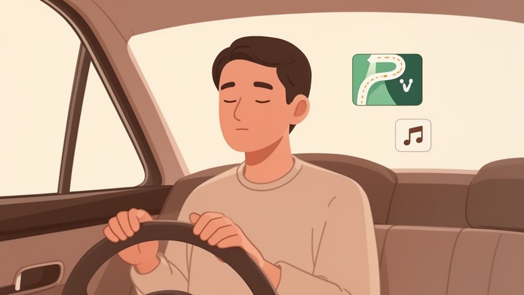 Un uomo con gli occhi chiusi si rilassa al volante della sua auto, con icone di navigazione e musica.