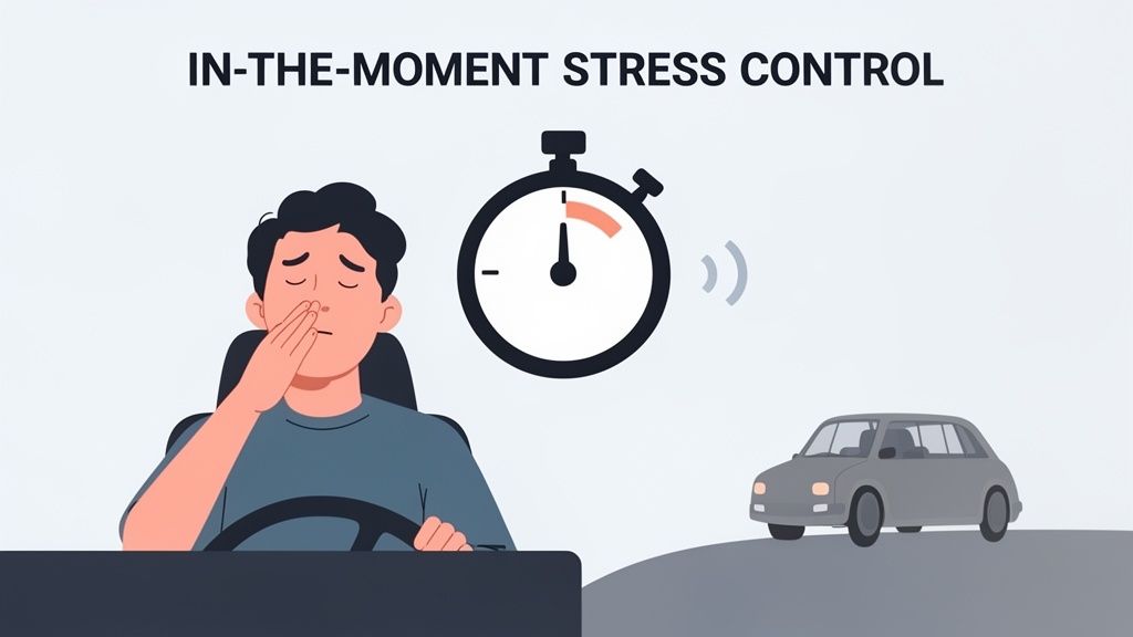Uomo stressato alla guida di un'auto, con un cronometro che indica il controllo dello stress istantaneo.
