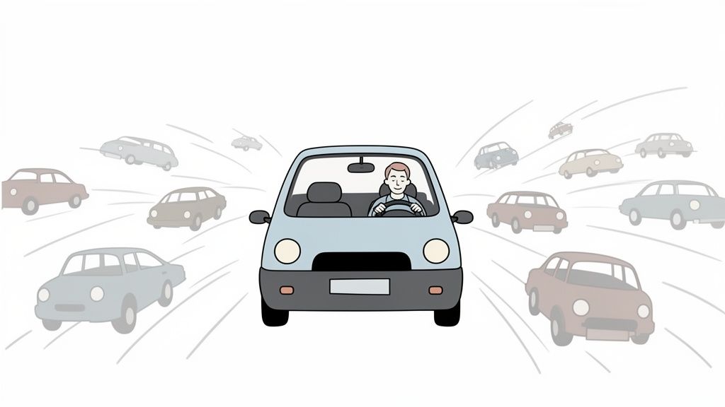 Un uomo sorride mentre guida un'auto blu chiaro circondato da altre auto, suggerendo traffico o strada affollata.