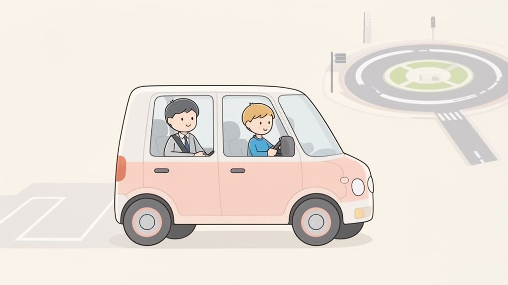 Due uomini sorridenti in macchina, uno al volante e l'altro istruttore, vicino a una rotonda.