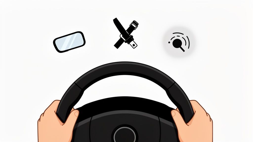 Mani sul volante con icone di specchietto retrovisore, cintura di sicurezza e sensore di parcheggio, elementi chiave per la guida.