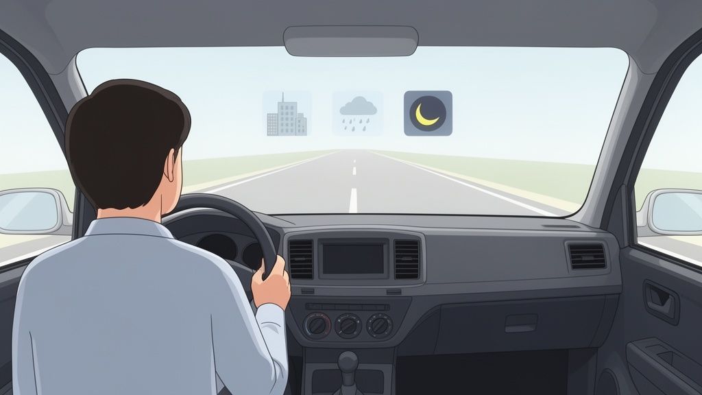 Persona alla guida di un'auto, vista da dietro, con icone di città, pioggia e notte sul parabrezza.