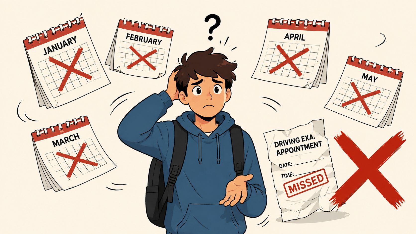 Un giovane studente confuso guarda calendari segnati e un foglio di appuntamento per la patente fallito.