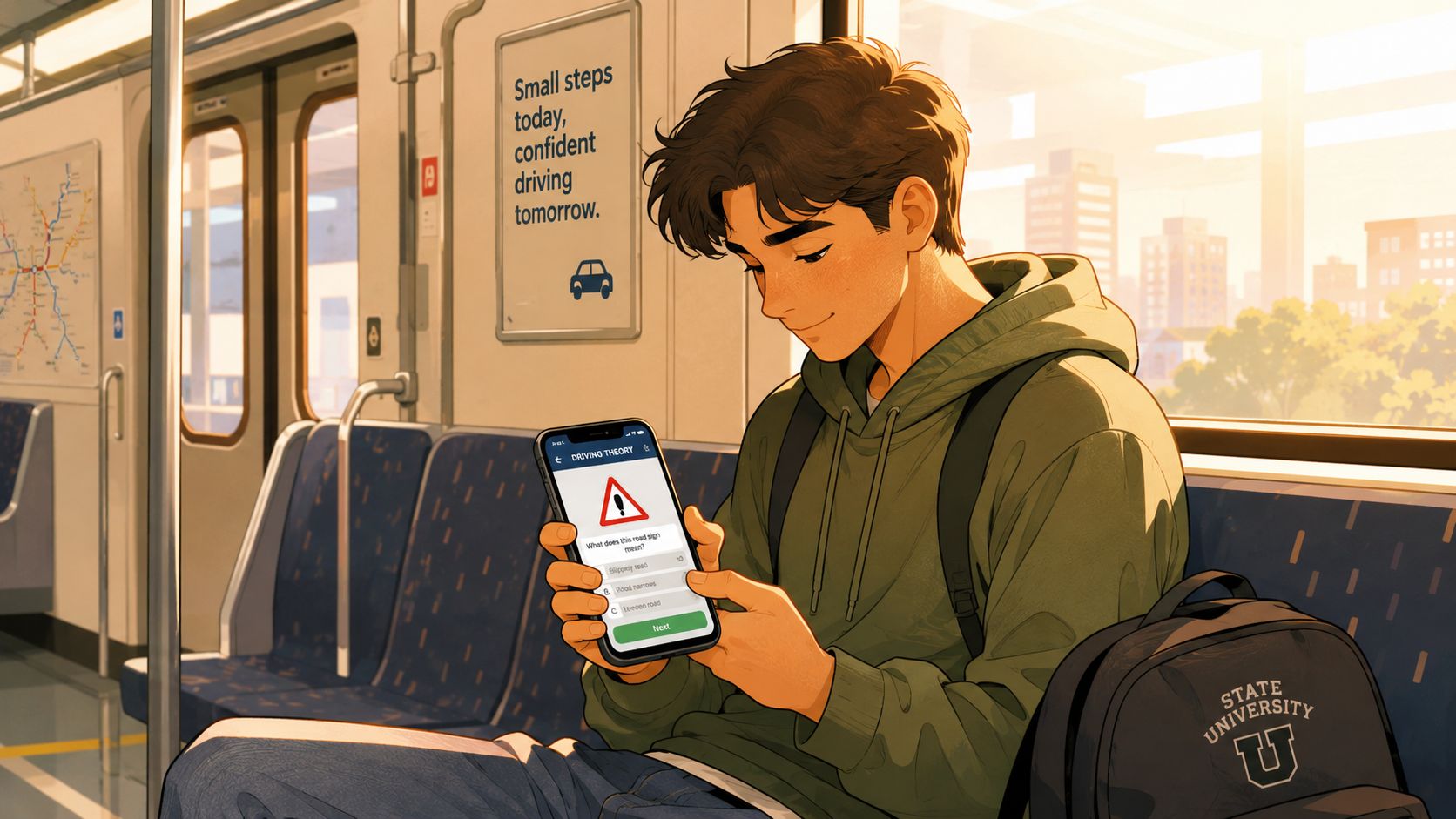 Uno studente universitario seduto su un treno mentre si esercita con quiz sulla patente sul proprio smartphone.