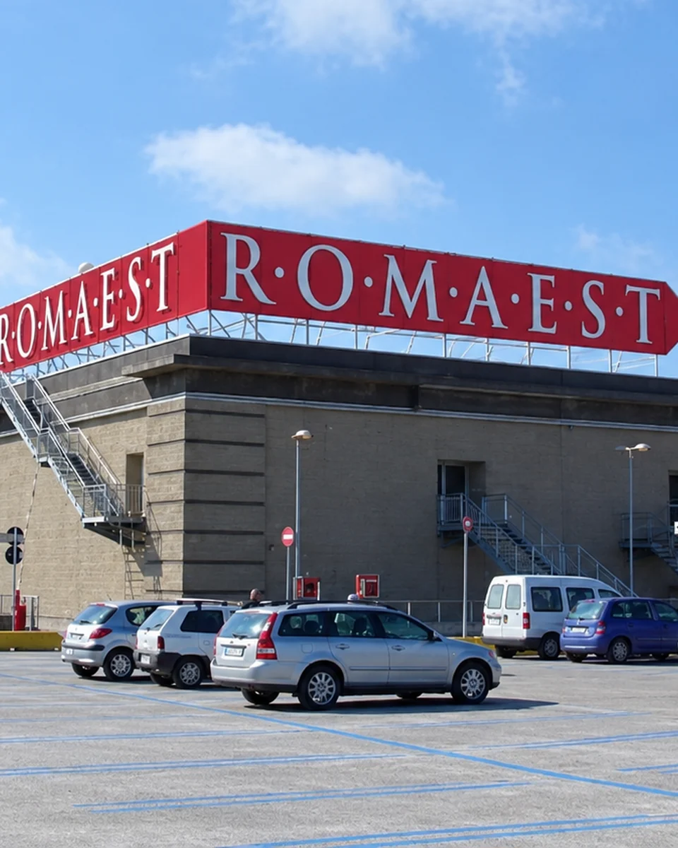 Roma Est: l'insegna rossa del centro commerciale vista dal parcheggio