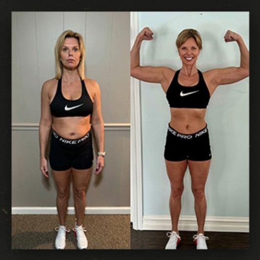 Male client before and after showing ab definition and muscle growth