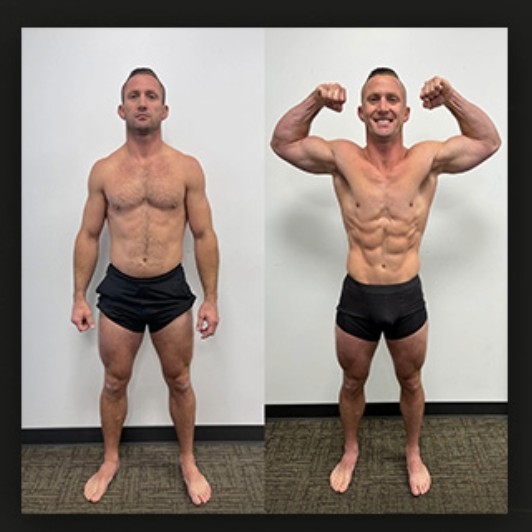 Male client before and after showing muscle growth