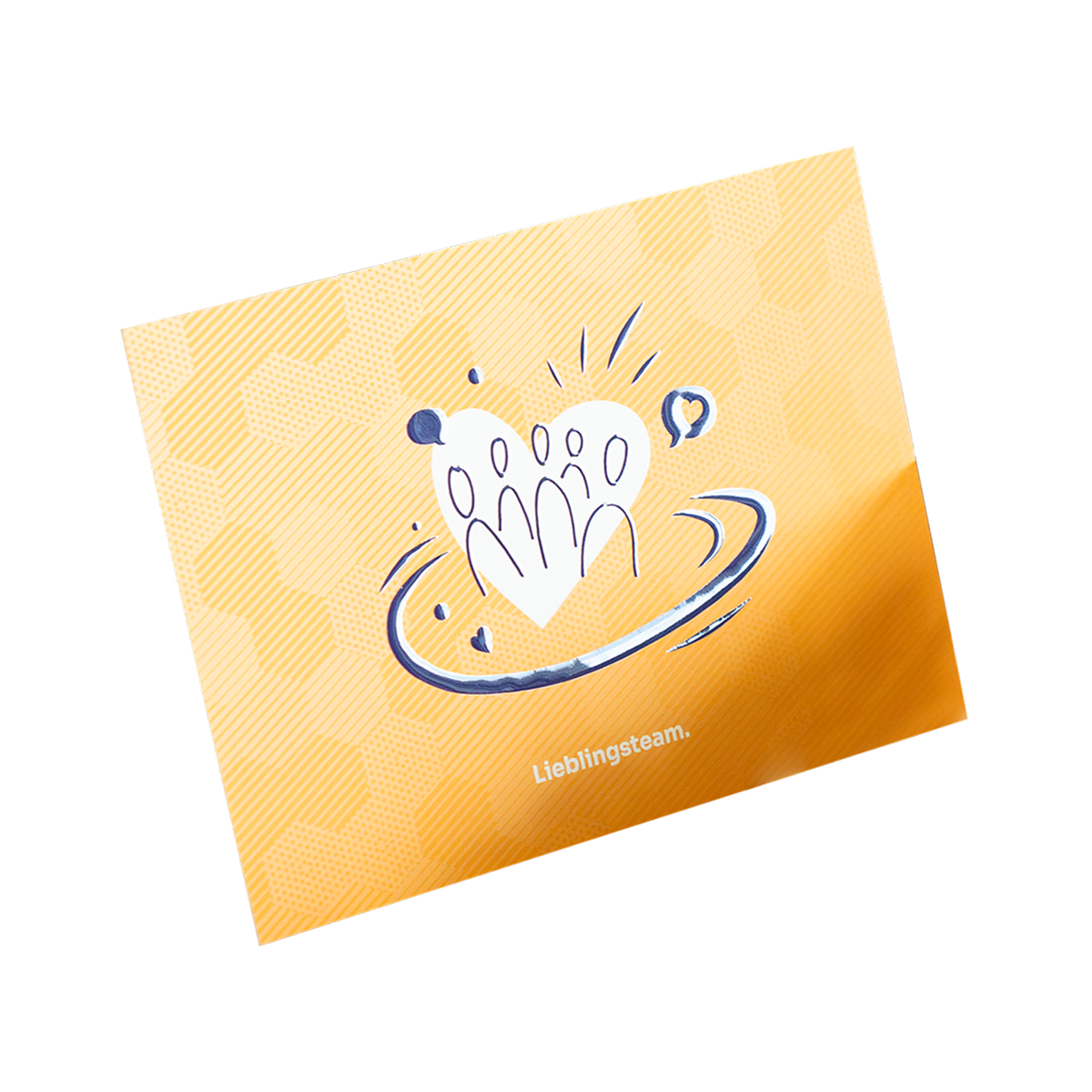Grafik mit stilisierten Personen in einem Herzsymbol auf orangefarbenem Hintergrund mit dem Text 'Lieblingsteam'.