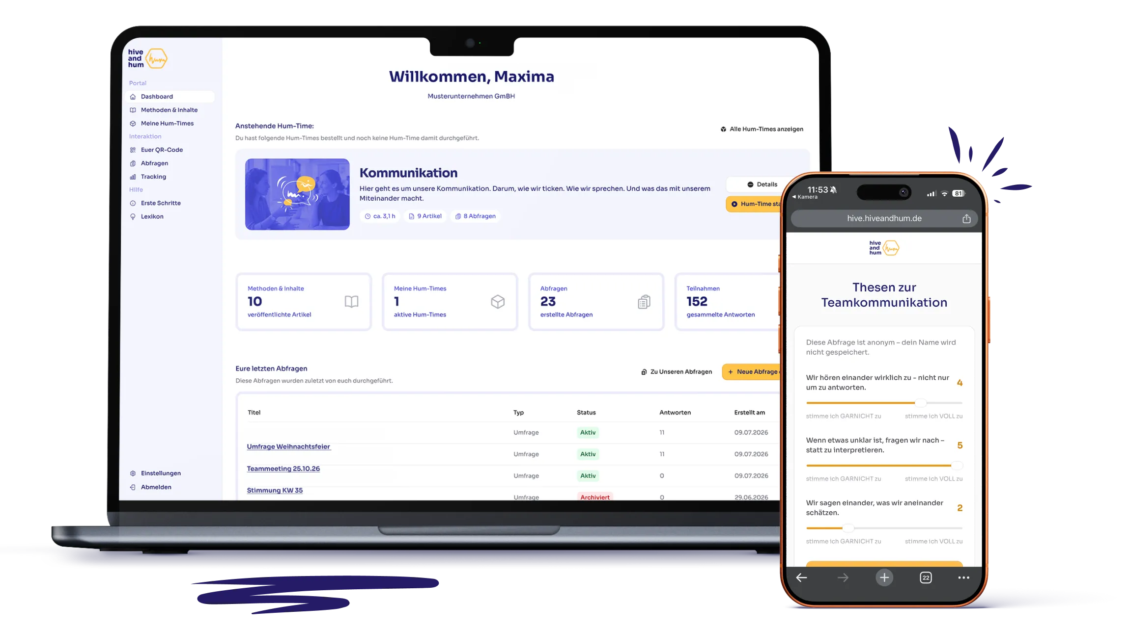 Laptop und Smartphone zeigen eine Benutzeroberfläche der Plattform hive and hum mit Dashboard-Daten zur Kommunikation, Umfragen, Artikeln und Teamkommunikation.