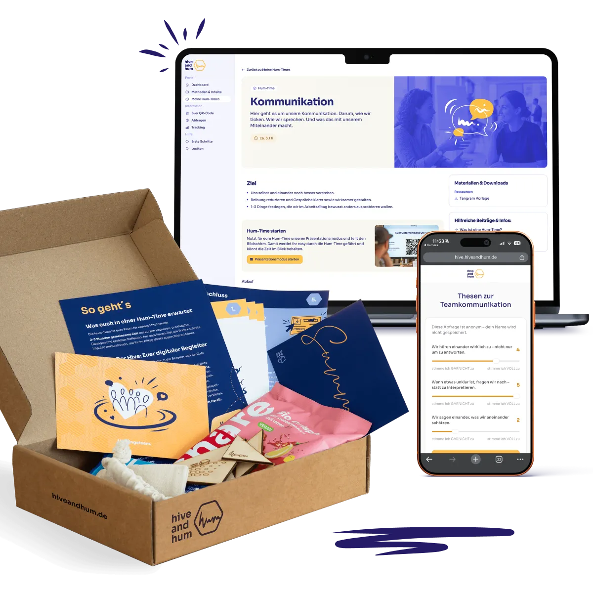 Geöffnete Pappbox mit Flyern, Karten, einem veganen Snack und hölzernen Puzzleteilen, daneben ein Laptop mit einer Webseite zum Thema Kommunikation und ein Smartphone, das eine Umfrage zur Teamkommunikation zeigt.