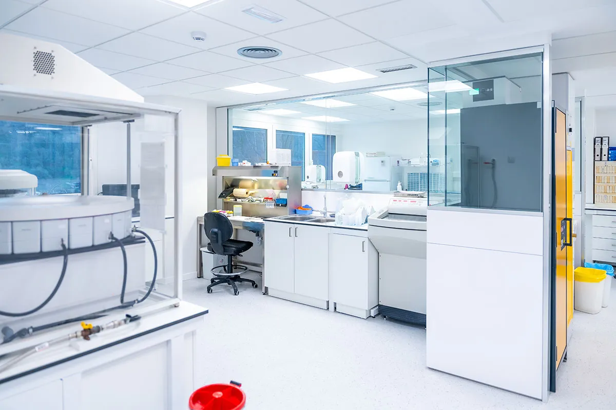 The interior of a medical building with medical equipment.