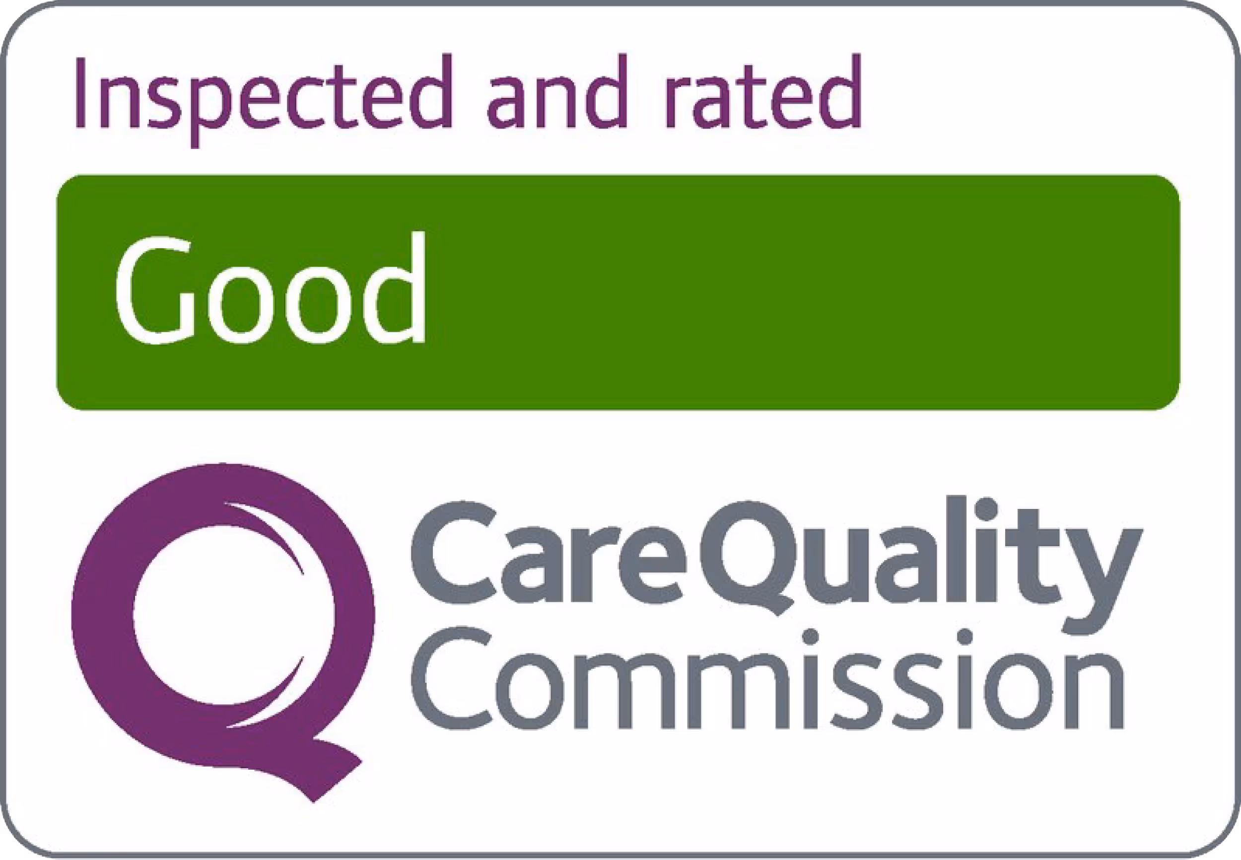 Sign reads: "Inspected and rated Good" by Care Quality Commission.