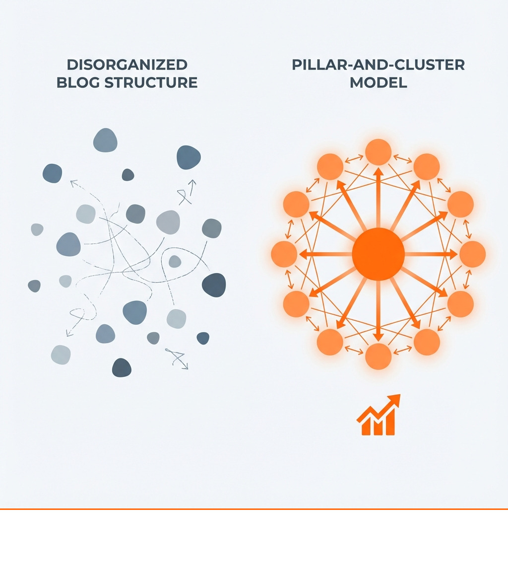 Infographic comparing a disorganized blog structure (scattered posts with no clear relationships) versus a pillar-and-cluster model (central pillar page connected to multiple related cluster pages through internal links, forming a hub-and-spoke structure) - cluster content strategy infographic 