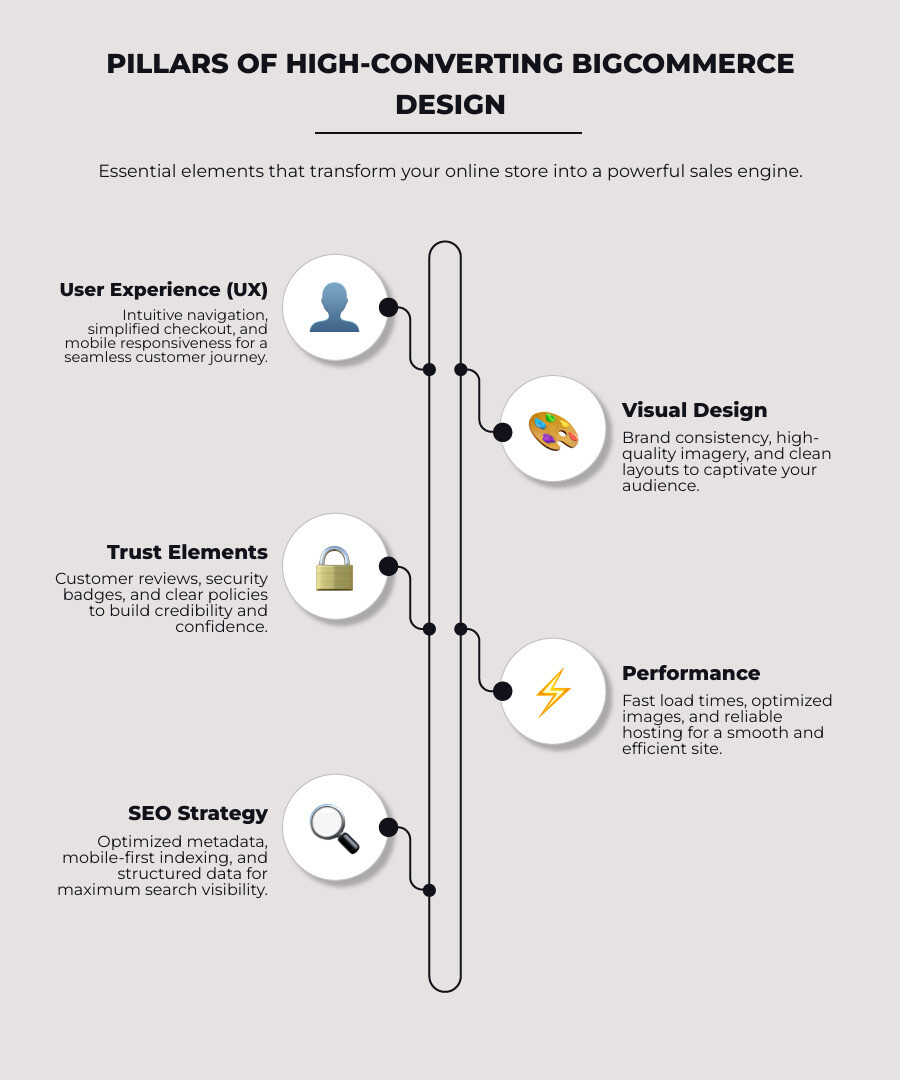Infographic showing the five pillars of high-converting BigCommerce design: User Experience (intuitive navigation, simplified checkout, mobile responsiveness), Visual Design (brand consistency, high-quality imagery, clean layouts), Trust Elements (customer reviews, security badges, clear policies), Performance (fast load times, optimized images, reliable hosting), and SEO Strategy (optimized metadata, mobile-first indexing, structured data) - bigcommerce web design infographic infographic-line-5-steps-elegant_beige