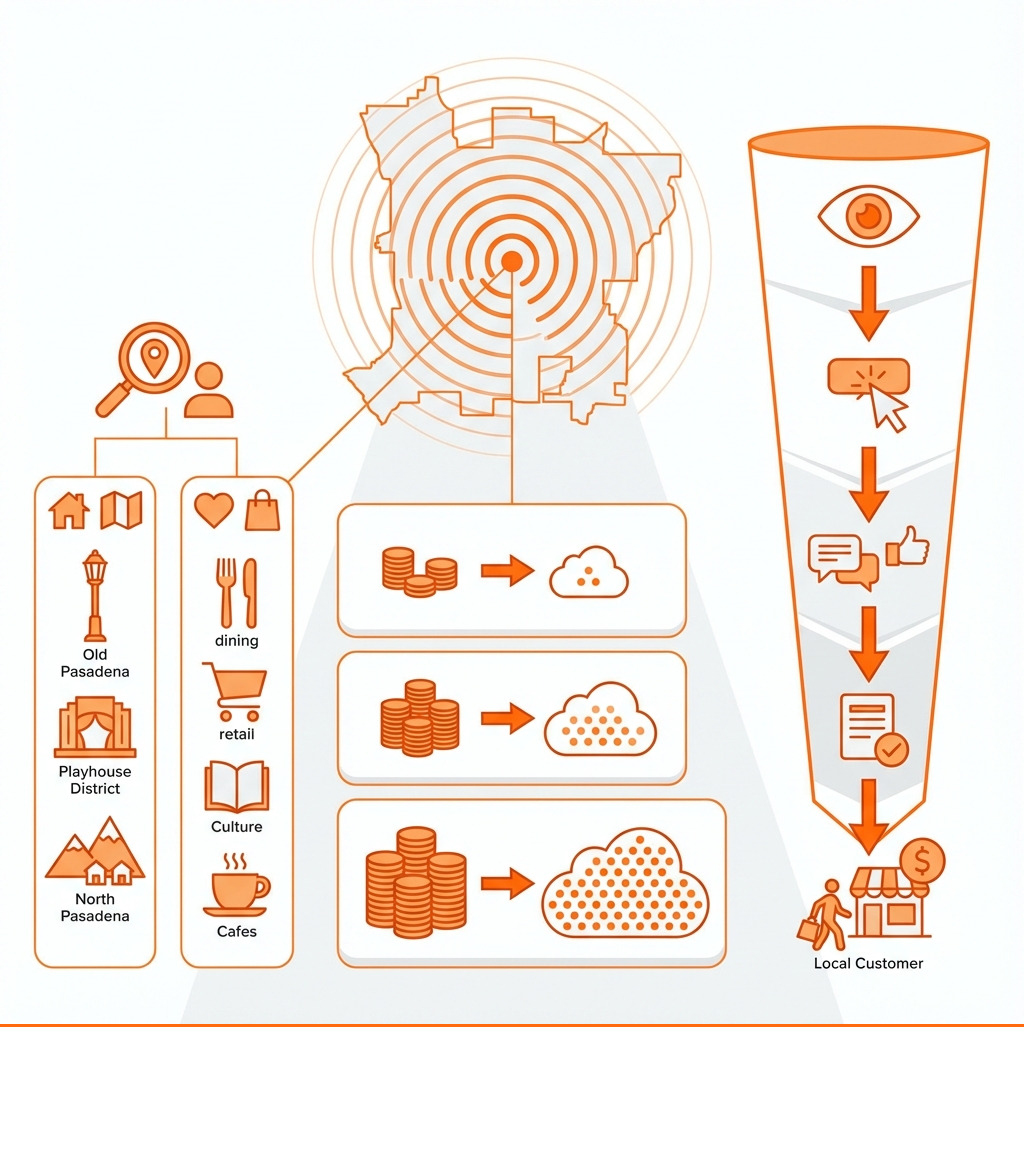 Infographic showing Facebook ads reach potential for Pasadena businesses, including budget tiers, estimated impressions, targeting options by neighborhood and interest, and typical conversion funnel from impression to local customer - Facebook ads Pasadena infographic 