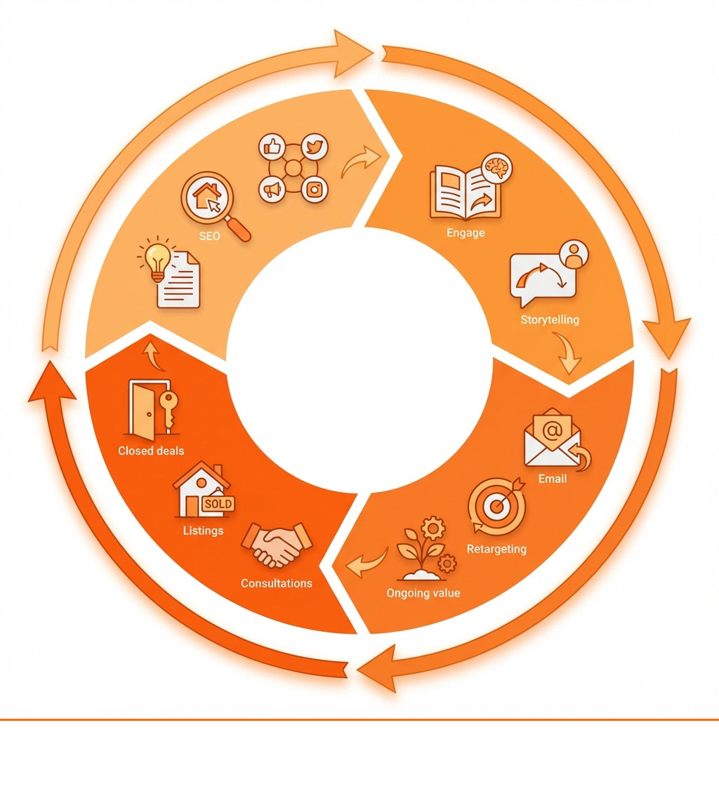 Infographic showing the real estate content marketing flywheel: a circular diagram with four stages connected by arrows: Attract (through SEO, social media, and valuable content), Engage (with helpful resources and storytelling), Nurture (via email, retargeting, and ongoing value), and Convert (into consultations, listings, and closed deals) - content marketing for real estate agents infographic 