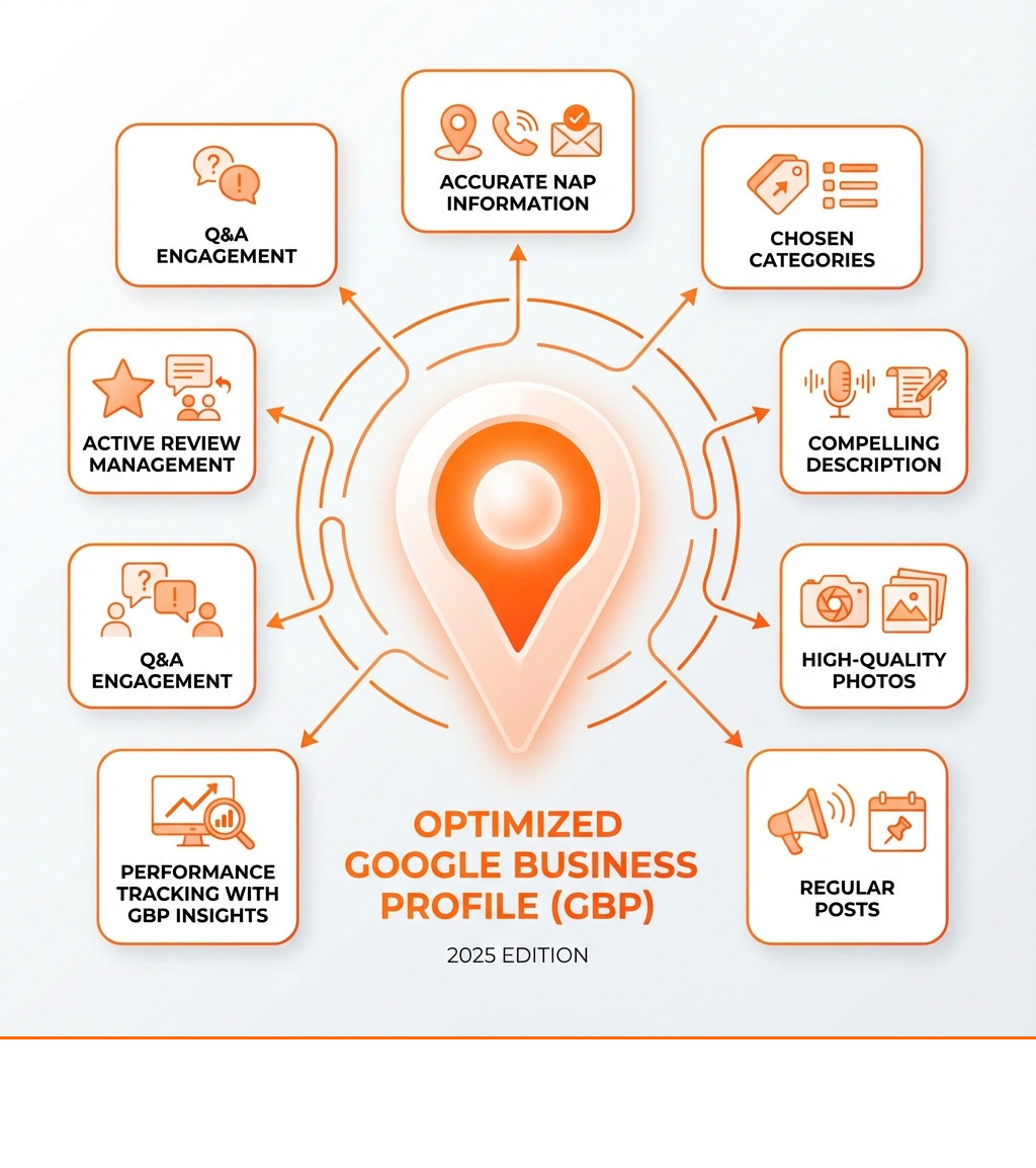 Infographic showing the key components of an optimized Google Business Profile: accurate NAP information, chosen categories, compelling description, high-quality photos, regular posts, active review management, Q&A engagement, and performance tracking with GBP Insights - GMB profile optimization infographic 
