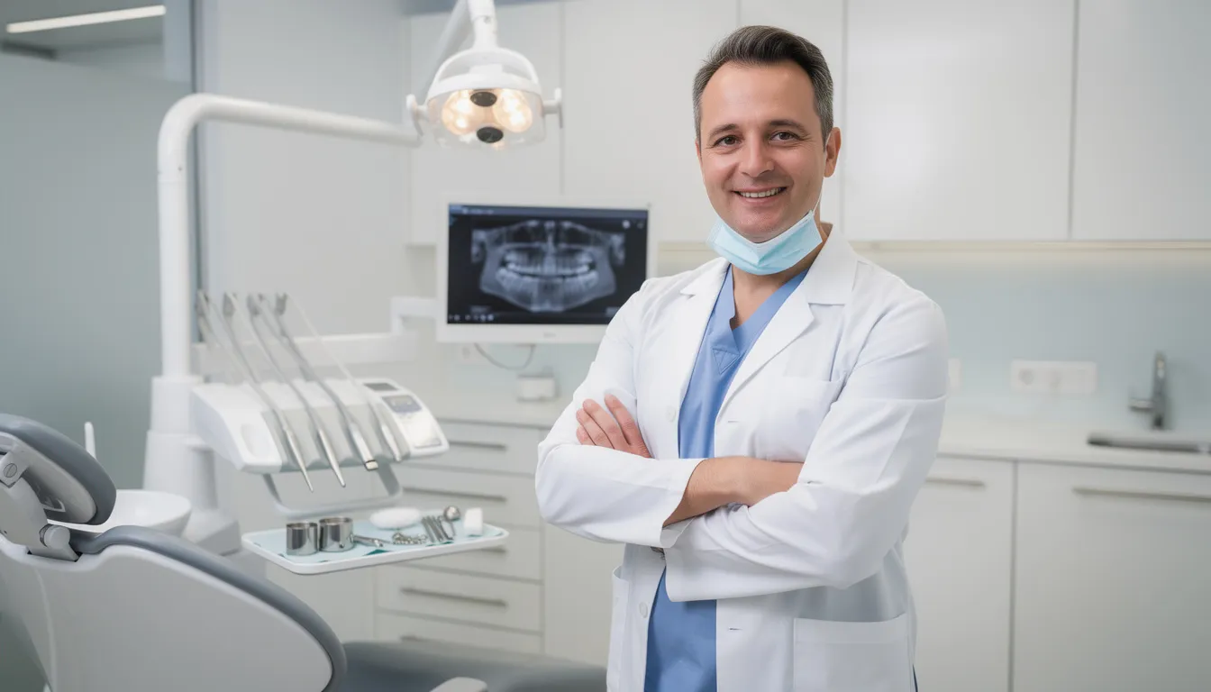 A professional dentist stands confidently in a modern clinical setting, surrounded by contemporary dental equipment, emphasizing the importance of professional credibility and patient care in the dental community. This image reflects the potential for dental marketing growth and building connections through platforms like LinkedIn, showcasing a welcoming environment for prospective patients.