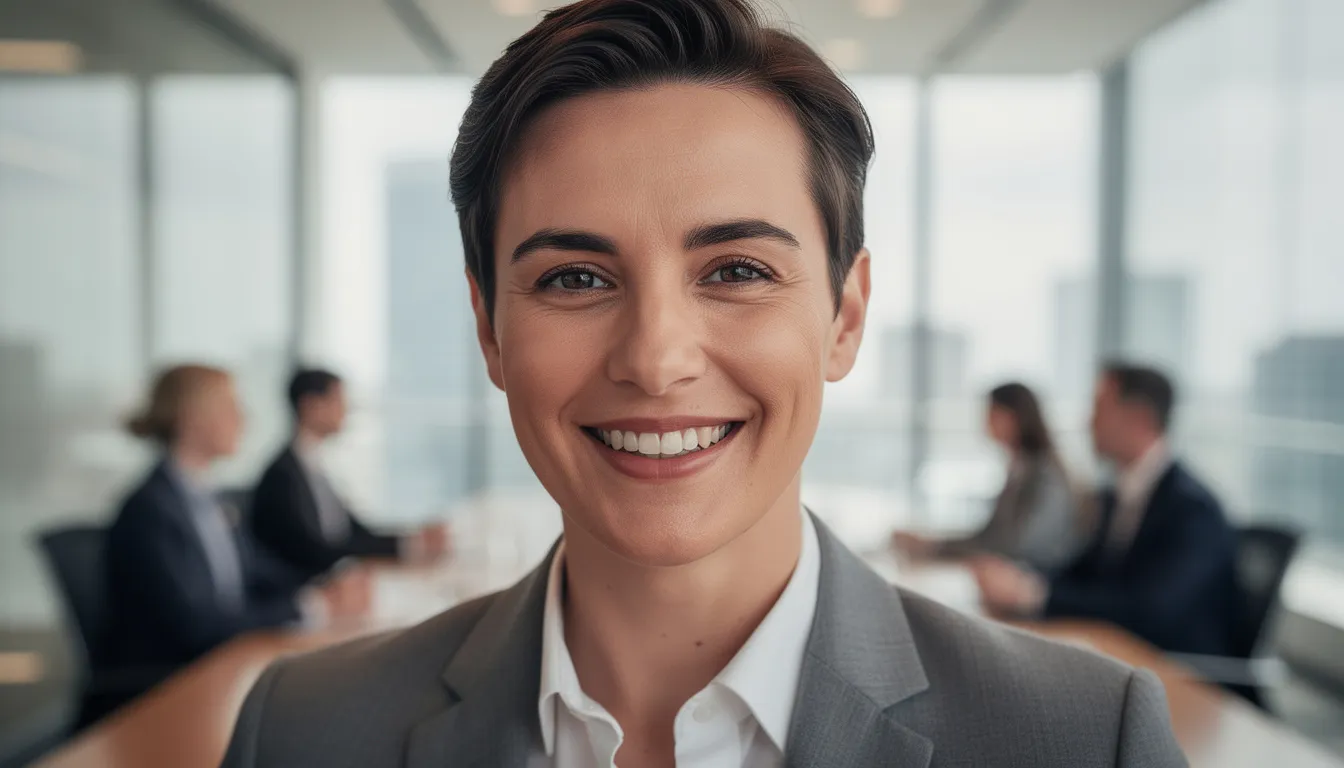 A close-up image features a confident professional smiling genuinely during a business meeting, embodying the essence of leadership and engagement in the dental community. This visual highlights the importance of building connections and professional credibility, essential for growing your dental practice through effective social media marketing and networking on platforms like LinkedIn.