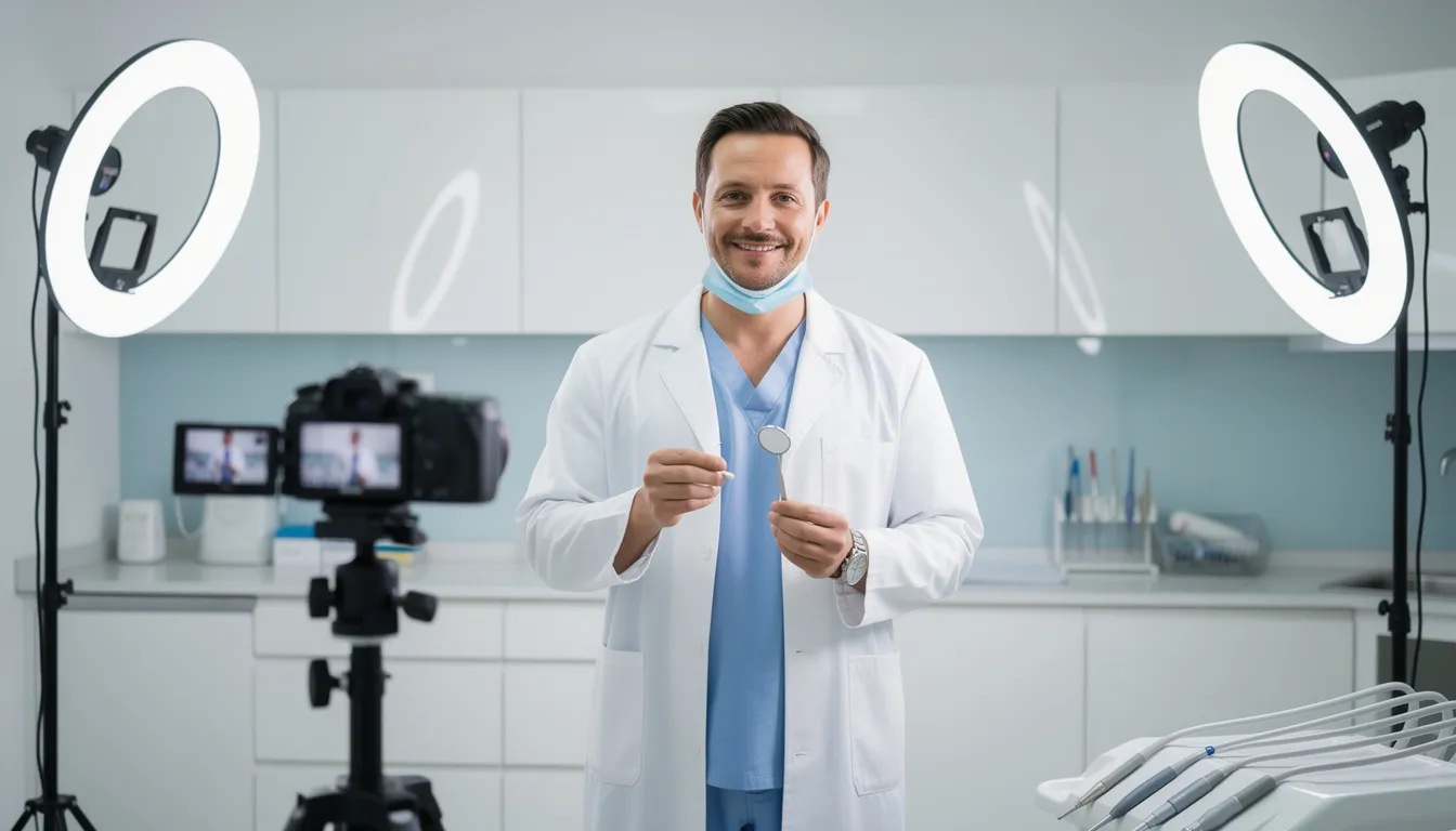 A dentist is recording a video in a clean clinical setting, illuminated by professional lighting, emphasizing their commitment to dental marketing and engaging with prospective patients. This scene highlights the importance of social media marketing in growing dental practices and building professional credibility within the dental community.