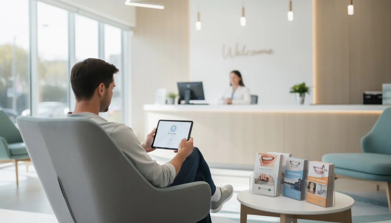 The image depicts a modern dental office reception area where a patient is using a tablet to check in for their appointment. This digital approach enhances the patient experience and reflects the dental practice's commitment to utilizing innovative solutions for patient acquisition and retention.